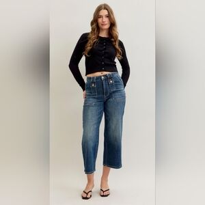 Judy Blue HR Dark Wash Wide Leg Cropped Jeans Utility Pocket Detail Various NEW